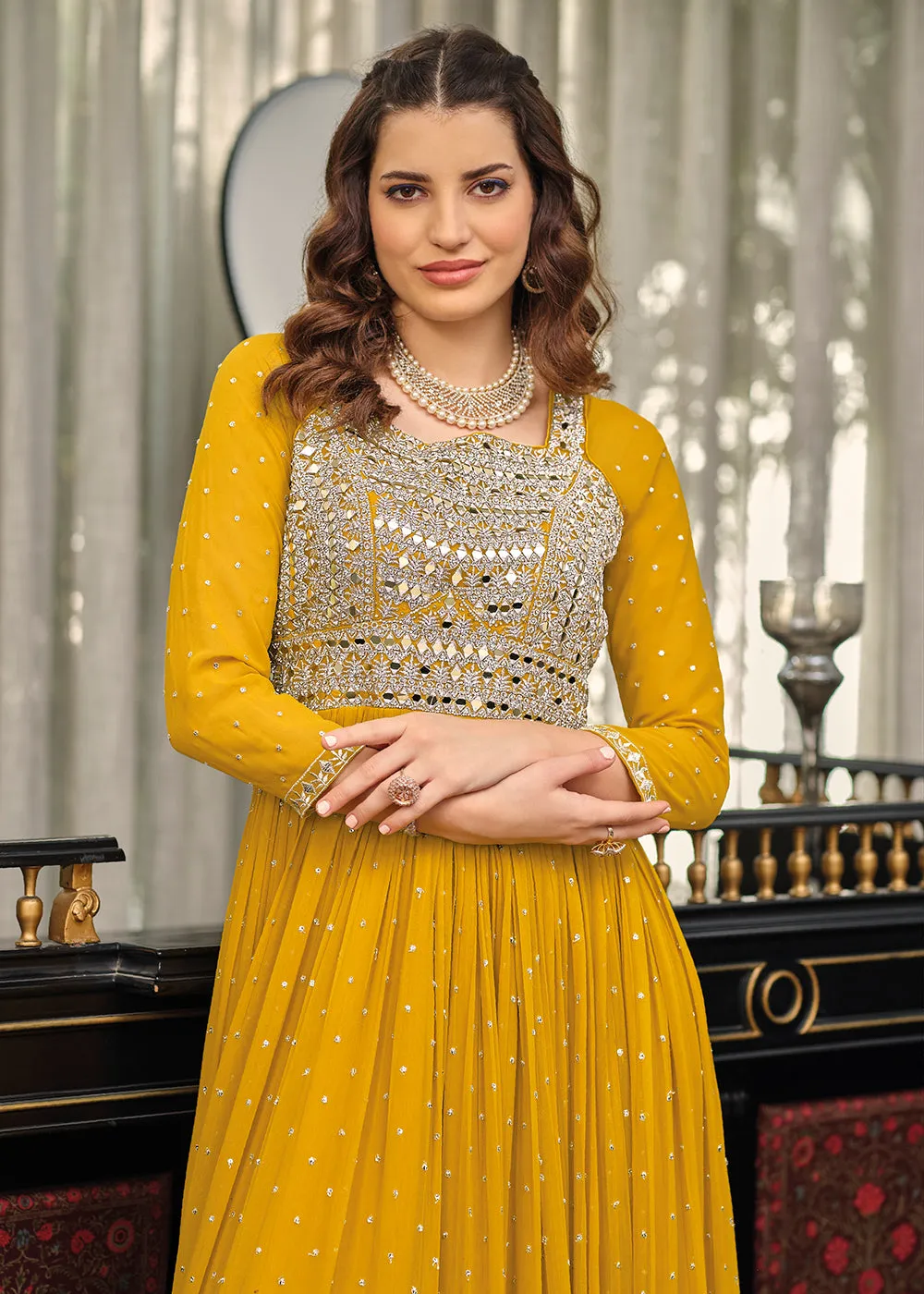 Yellow Haldi Wedding Party Wear Long Anarkali Gown