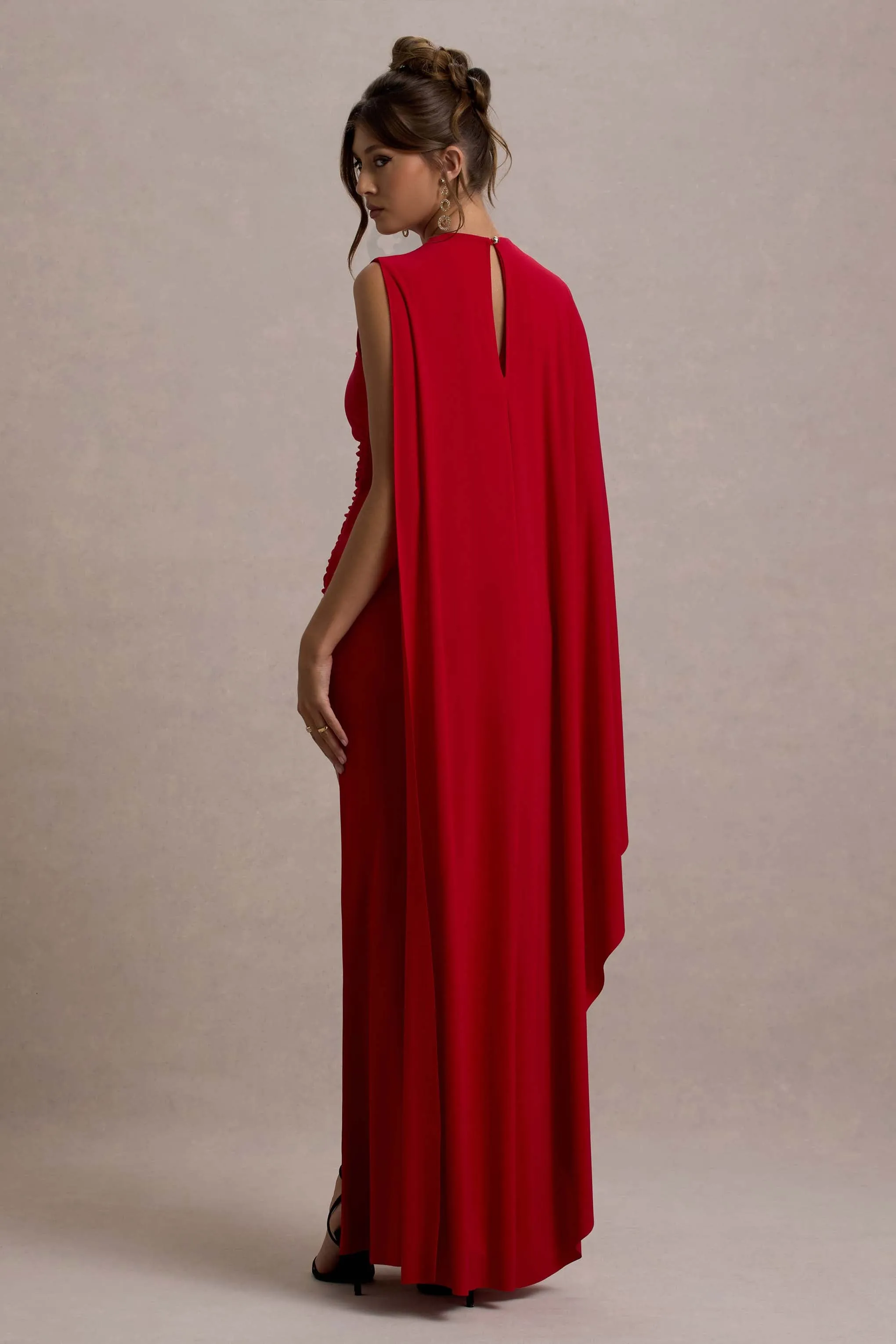 Yuna | Red Draped Maxi Dress With Cape