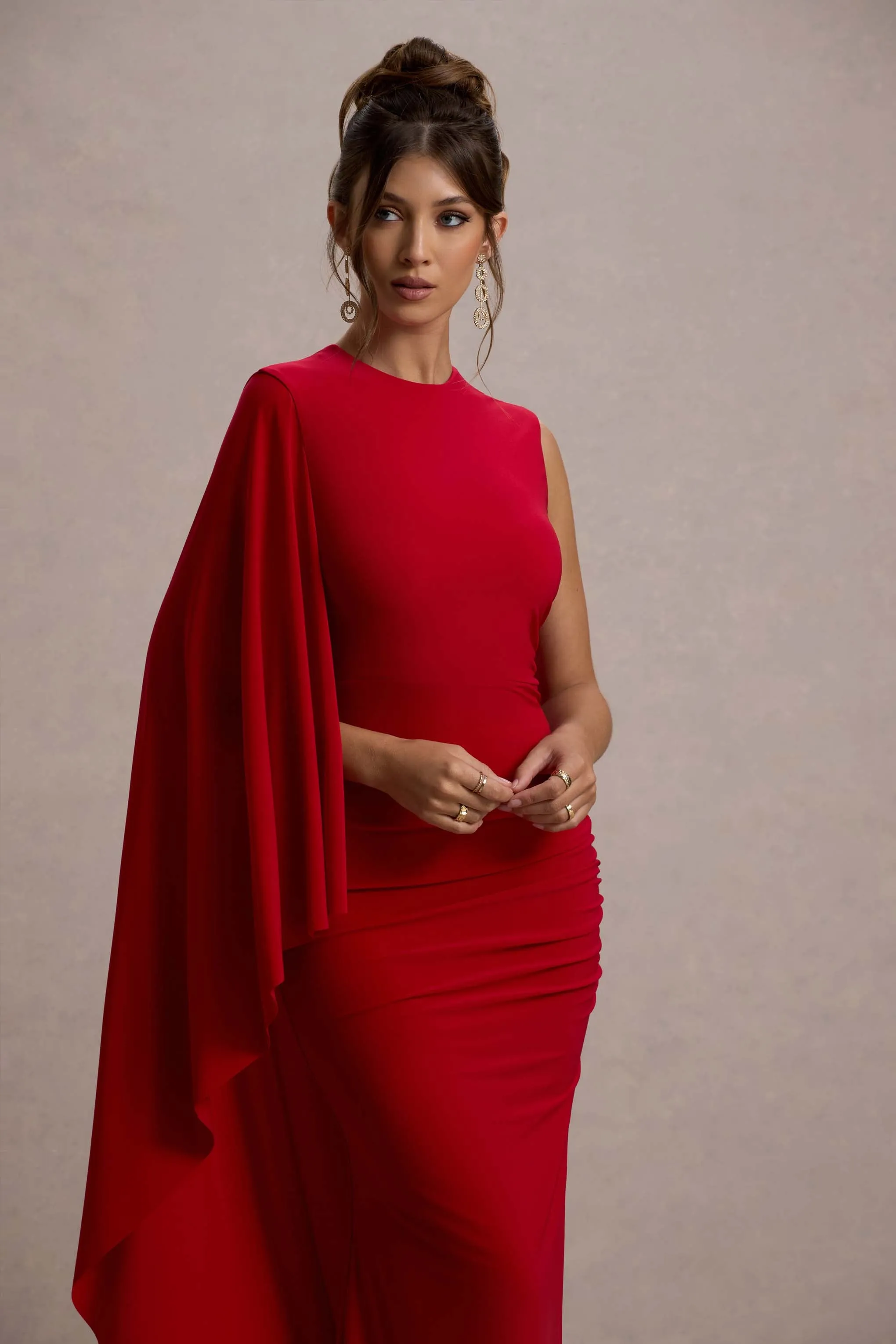 Yuna | Red Draped Maxi Dress With Cape