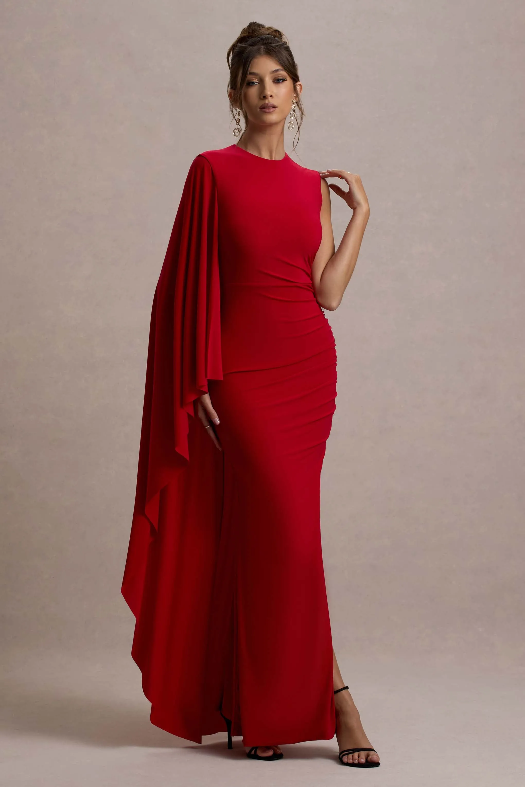 Yuna | Red Draped Maxi Dress With Cape