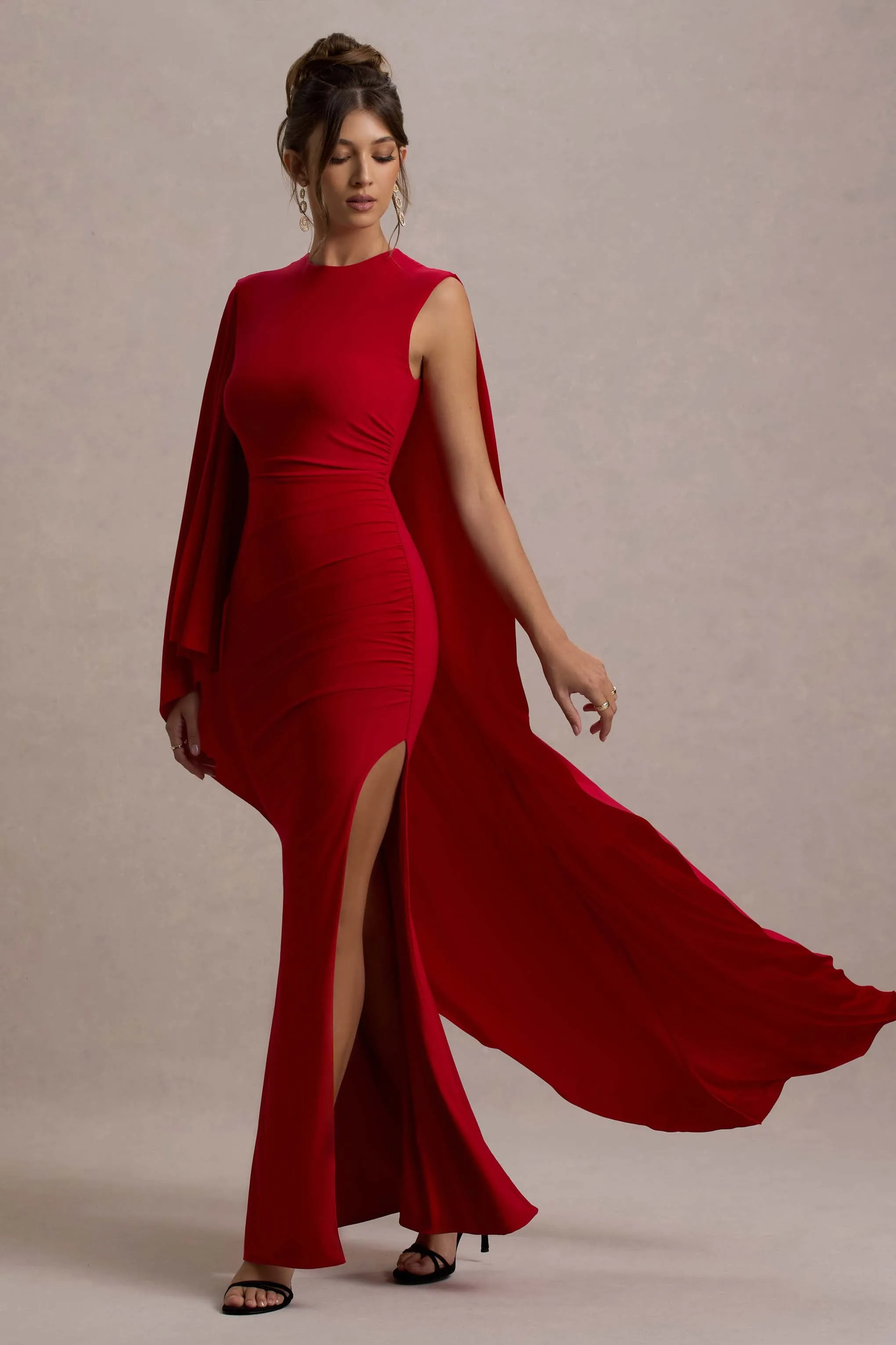 Yuna | Red Draped Maxi Dress With Cape