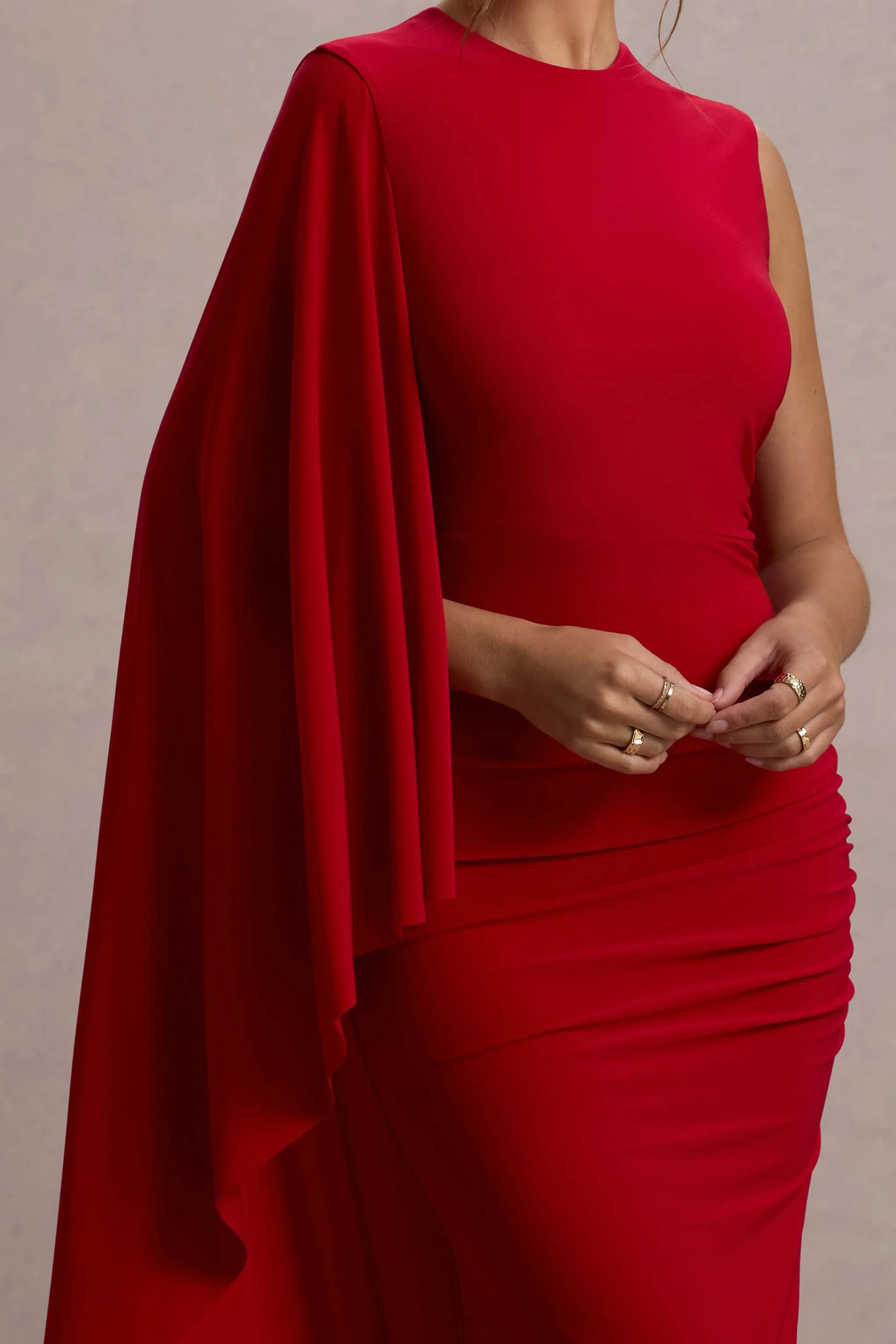 Yuna | Red Draped Maxi Dress With Cape